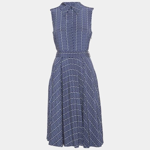 Diane Von Furstenburg Blue White Patterned Sleeveless Knee Length Dress Belt L - Picture 12 of 12